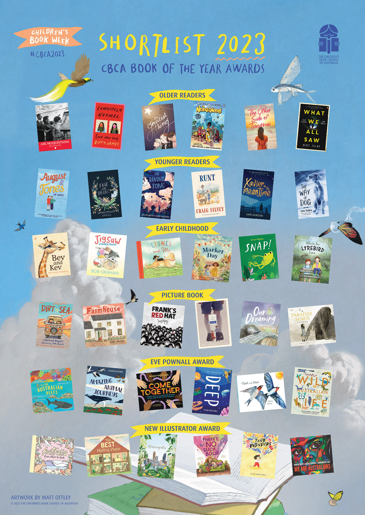 6 rows of book covers with header text above each row that read in the following order: Book of the year older readers, book of the year younger readers, book of the year early childhood, picture book of the year, Eve Pownall Award, Best new illustrator. 