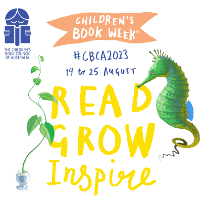 a graphic of a floating seahorse to the side of text that reads CBCA 2023 Childrens book week.