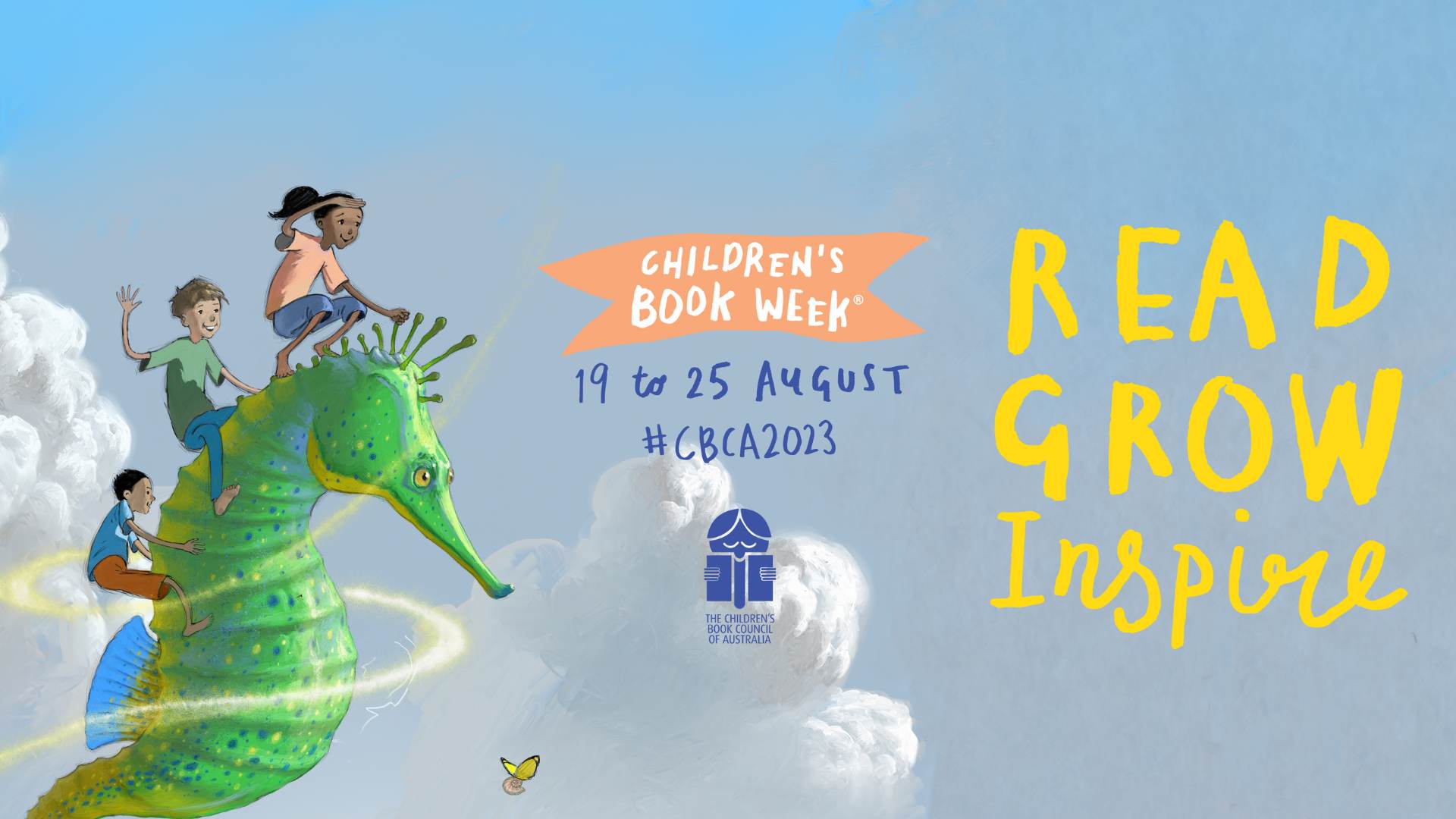 a graphic of a floating seahorse carrying three children on it's back through a cloud filled sky. Text around the seahorse reads CBCA 2023 Childrens book week.