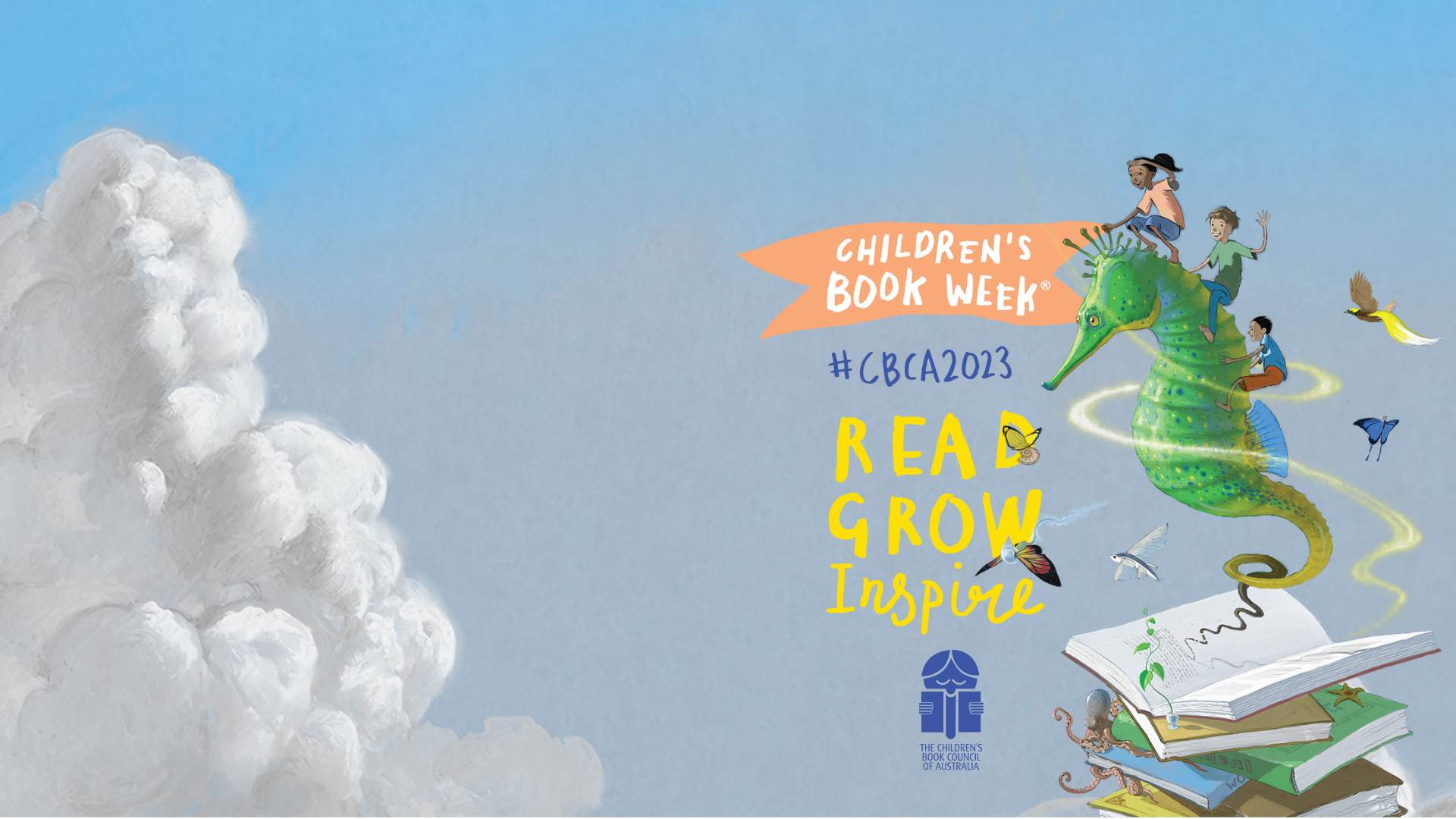 a graphic of a floating seahorse carrying three children on it's back through a cloud filled sky. Text around the seahorse reads CBCA 2023 Childrens book week.