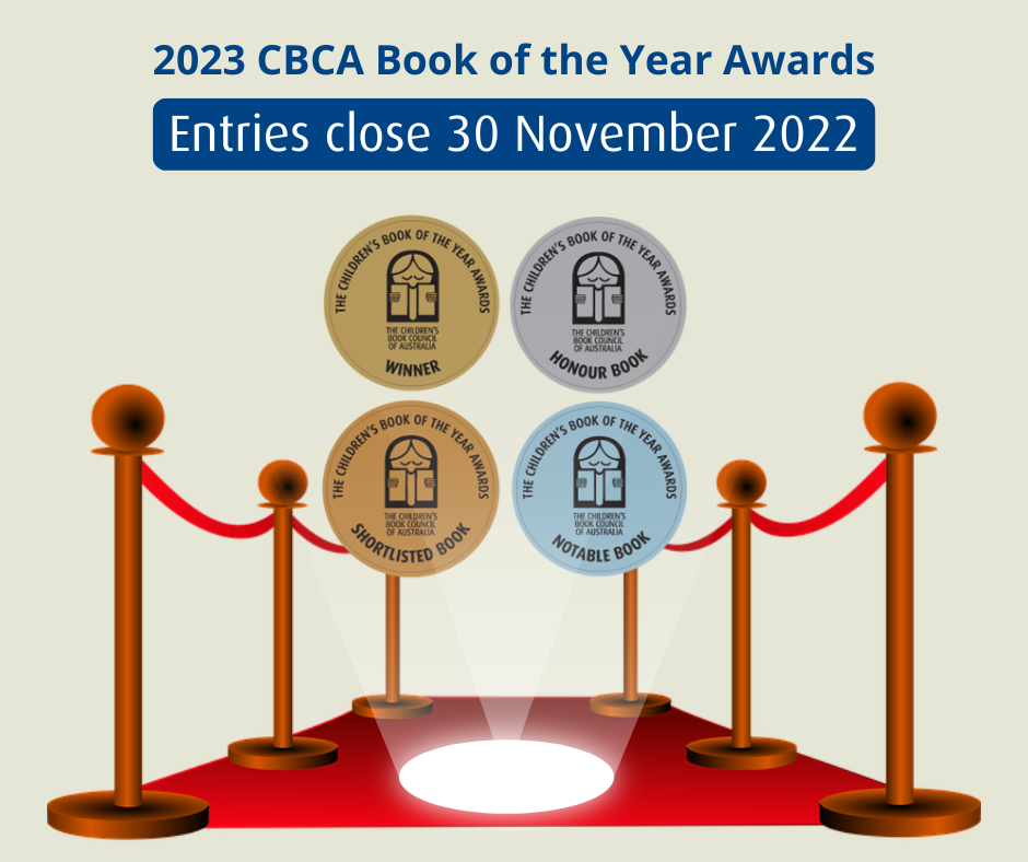 a spotlight shines on the four Book of the Year Award icons that are floating above a red carpet. Text above it reads Entries close 30 November 2022'