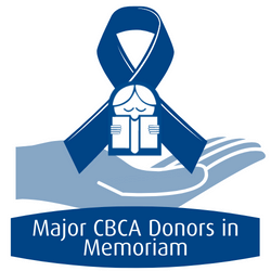 Graphic of CBCA logo which is a child reading a book, sits on a folded ribbon floating above an open hand, with text that reads Major CBCA Donors in Memoriam