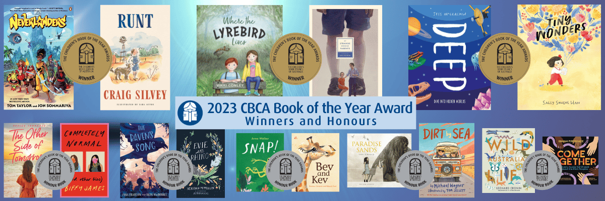 Thebanner image shows a selection of books with gold and silver award stamps, there are 16 books all up and text that says 2023 Book of the Year Award winners and honours
