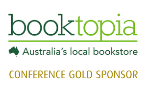 Text graphic that reads Booktopia, gold conference sponsor