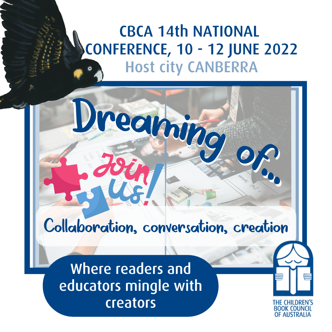 illlustration of black cockatoo flying over a photo of hands working pens and pencils above a desk, with the word CBCA 14th National Conference 10-12 June 2022